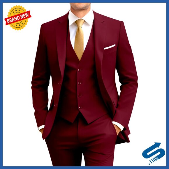 Slim Fit 3 Piece Suit Set with Vest and Tie for Business Wedding